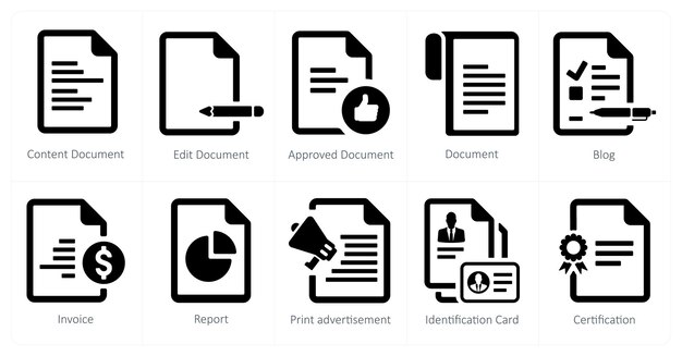 Un conjunto de 10 iconos de marketing web como documento de contenido, documento de edición y documento aprobado