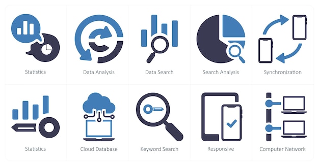 Un conjunto de 10 iconos de marketing web como estadísticas de análisis de datos de búsqueda de datos