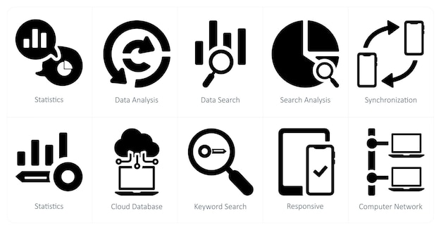 Un conjunto de 10 iconos de marketing web como estadísticas de análisis de datos de búsqueda de datos