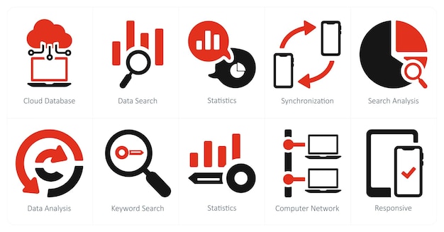 Un conjunto de 10 iconos de marketing web como estadísticas de búsqueda de datos de base de datos en la nube