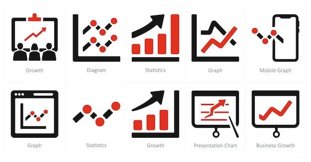 Un conjunto de 10 iconos de marketing web como estadísticas de diagrama de crecimiento