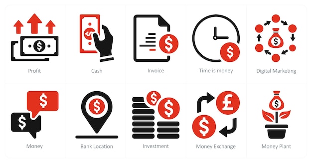 Un conjunto de 10 iconos de marketing web como factura en efectivo de ganancias