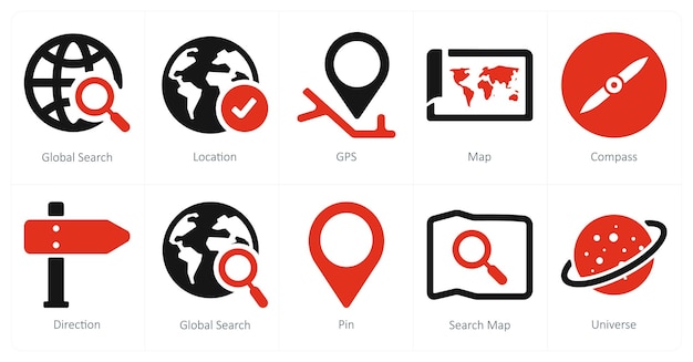 Un conjunto de 10 iconos de marketing web como GPS de ubicación de búsqueda global