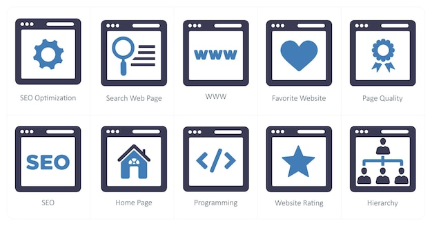 Un conjunto de 10 íconos de marketing web como página web de búsqueda de optimización SEO www