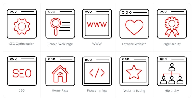 Un conjunto de 10 iconos de marketing web como página web de búsqueda de optimización SEO