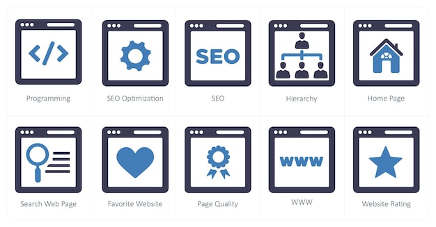 Un conjunto de 10 iconos de marketing web como programación de la jerarquía SEO