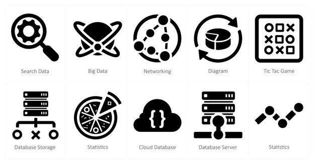 Un conjunto de 10 íconos de marketing web como red de datos de búsqueda de grandes datos