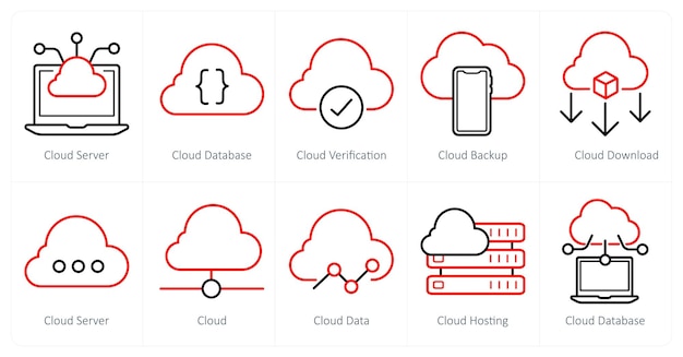 Un conjunto de 10 íconos de marketing web como servidor en la nube, base de datos en la nube y verificación en la nube