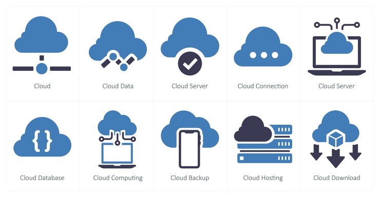 Vector un conjunto de 10 íconos de marketing web como servidor de nube de datos en la nube