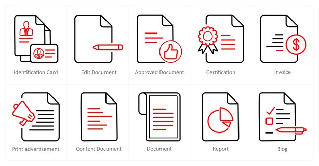 Un conjunto de 10 iconos de marketing web como tarjeta de identificación editar documento documento aprobado