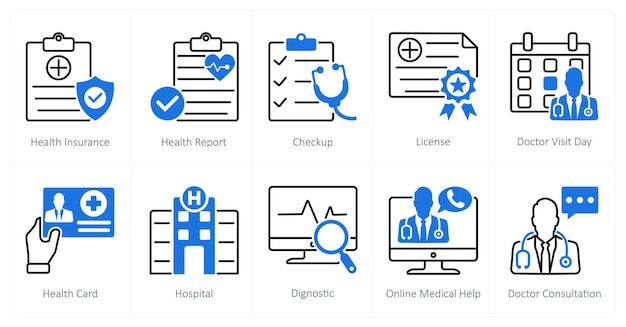 Un conjunto de 10 iconos médicos como chequeo de informe de salud de seguro de salud