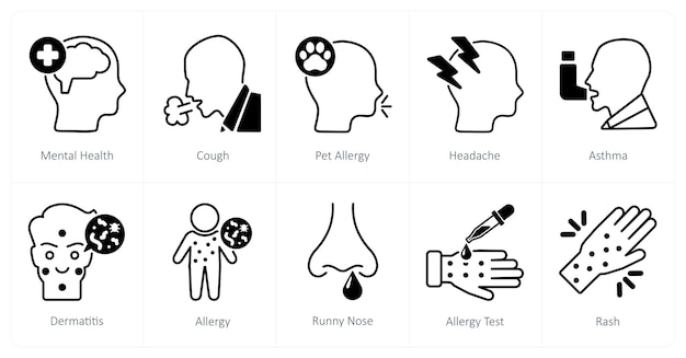 Un conjunto de 10 iconos médicos como la salud mental tos alergia a mascotas