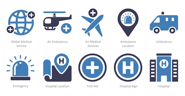 Un conjunto de 10 íconos médicos como servicio médico global ambulancia aérea servicios médicos aéreos