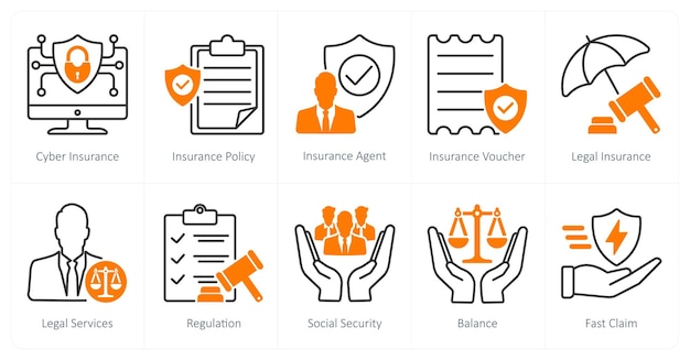 Un conjunto de 10 íconos de mezcla como agente de seguros de póliza de seguro de seguro cibernético
