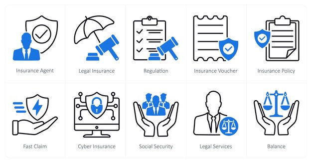 Un conjunto de 10 íconos de mezcla como agente de seguros regulación de seguros legales