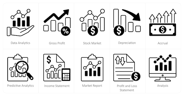 Un conjunto de 10 íconos de mezcla como análisis de datos ganancias brutas mercado de valores