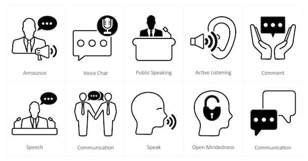 Un conjunto de 10 íconos de mezcla como anuncio de chat de voz hablando en público
