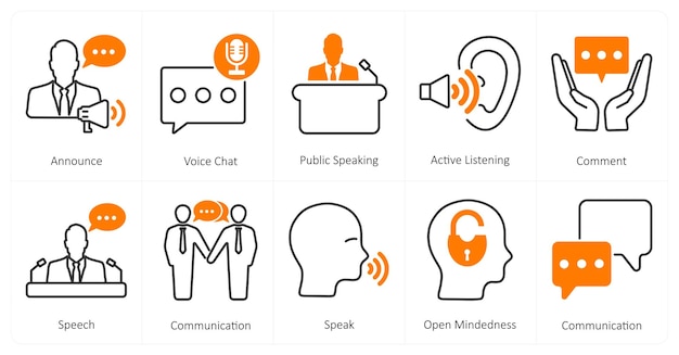 Un conjunto de 10 íconos de mezcla como anuncio de chat de voz hablando en público