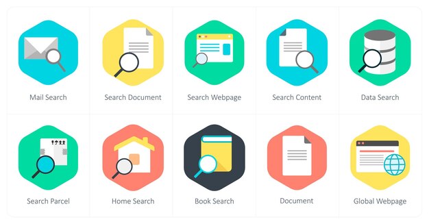 Un conjunto de 10 íconos de mezcla como búsqueda de correo búsqueda de documento búsqueda de página web