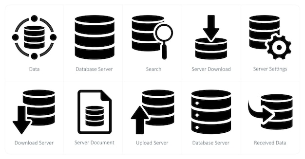 Un conjunto de 10 iconos de mezcla como búsqueda de servidor de base de datos