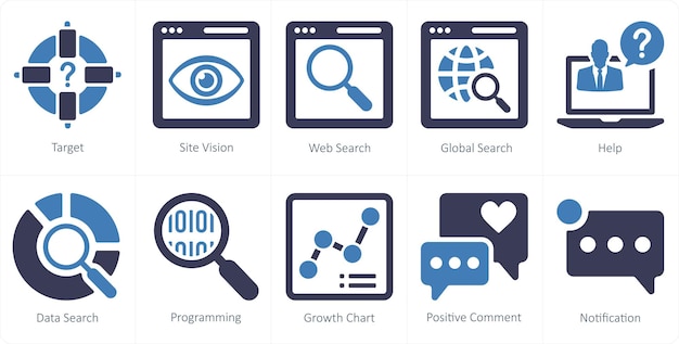 Un conjunto de 10 íconos de mezcla como búsqueda web de visión del sitio objetivo
