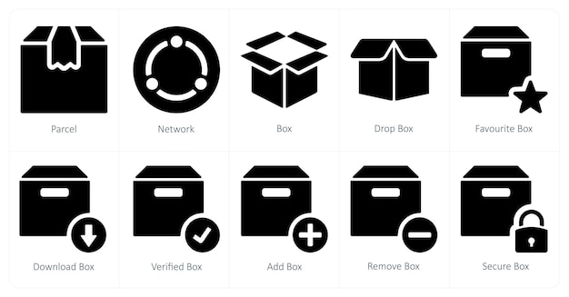Un conjunto de 10 iconos de mezcla como caja de red de paquetes