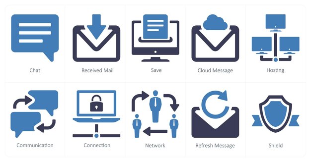 Un conjunto de 10 íconos de mezcla como chat recibido correo guardar