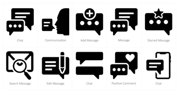 Un conjunto de 10 íconos de mezcla como comunicación de chat añadir mensaje