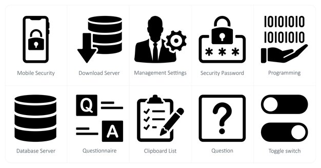 Un conjunto de 10 íconos de mezcla como configuraciones de gestión de servidores de descarga de seguridad móvil