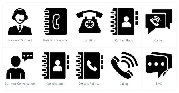 Un conjunto de 10 íconos de mezcla como contactos comerciales de soporte al cliente de línea fija