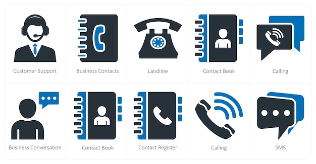 Un conjunto de 10 íconos de mezcla como contactos comerciales de soporte al cliente de línea fija