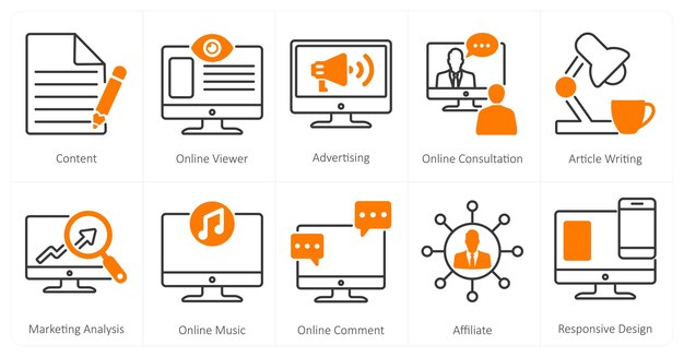 Un conjunto de 10 íconos de mezcla como contenido de publicidad para el espectador en línea