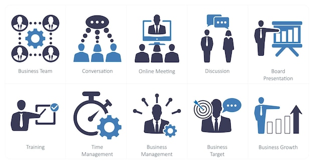 Un conjunto de 10 íconos de mezcla como conversación de equipo de negocios reunión en línea