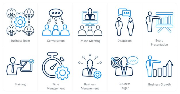 Un conjunto de 10 íconos de mezcla como conversación de equipo de negocios reunión en línea