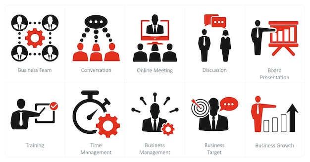 Un conjunto de 10 íconos de mezcla como conversación de equipo de negocios reunión en línea