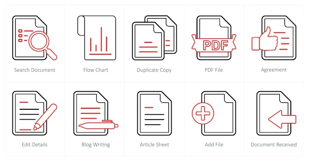 Un conjunto de 10 íconos de mezcla como copia duplicada del diagrama de flujo del documento de búsqueda