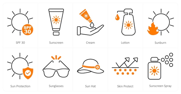 Un conjunto de 10 íconos de mezcla como crema protectora solar spf 30