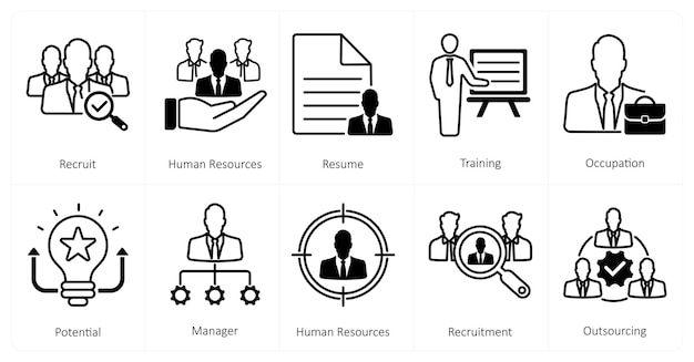 Un conjunto de 10 íconos de mezcla como currículum de recursos humanos de reclutamiento