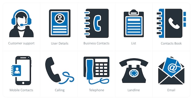 Un conjunto de 10 íconos de mezcla como detalles de soporte al cliente del usuario contactos comerciales