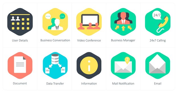 Un conjunto de 10 íconos de mezcla como detalles del usuario conversación de negocios videoconferencia