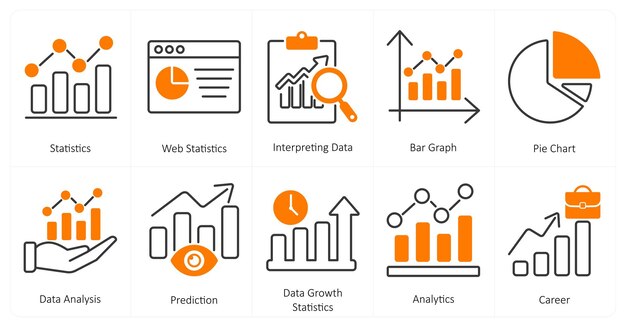 Un conjunto de 10 íconos de mezcla como estadísticas estadísticas web que interpretan datos