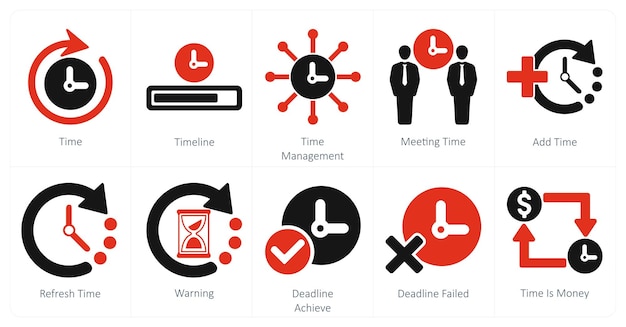 Un conjunto de 10 iconos de mezcla como gestión de tiempo en la línea de tiempo