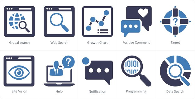 Un conjunto de 10 iconos de mezcla como gráfico de crecimiento de búsqueda web de búsqueda global