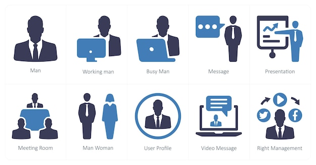 Un conjunto de 10 íconos de mezcla como hombre de trabajo hombre ocupado hombre