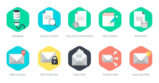 Un conjunto de 10 íconos de mezcla como información de documento de contenido de búsqueda de base de datos