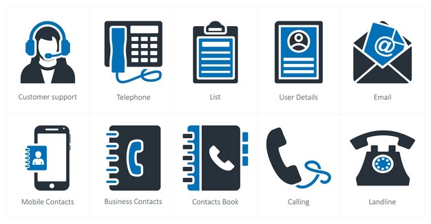 Un conjunto de 10 iconos de mezcla como lista telefónica de soporte al cliente