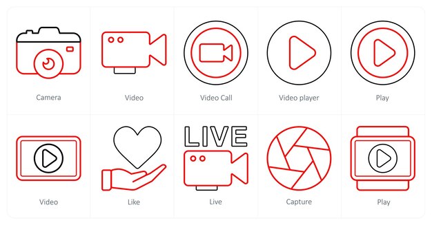 Un conjunto de 10 íconos de mezcla como llamada de video de video de la cámara