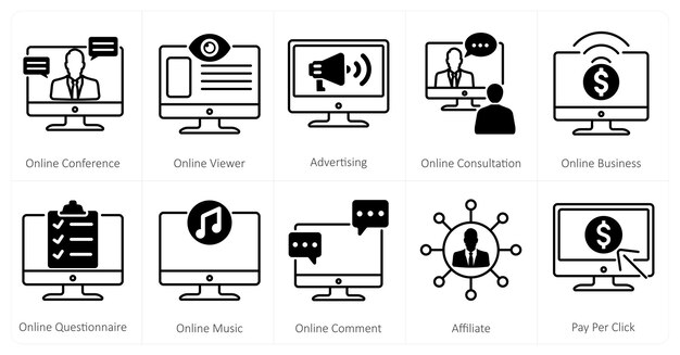 Un conjunto de 10 íconos de mezcla como publicidad de espectador en línea de la conferencia en línea