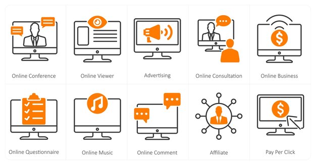Un conjunto de 10 íconos de mezcla como publicidad de espectador en línea de la conferencia en línea