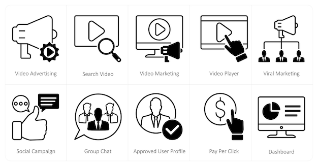 Un conjunto de 10 íconos de mezcla como publicidad de video búsqueda de video marketing de video